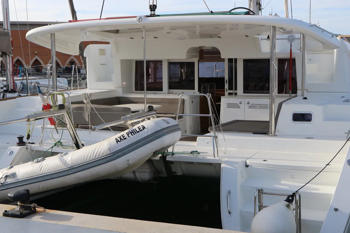 Exterior view of Philea, a Lagoon 450 catamaran at Palma de Mallorca, Spain