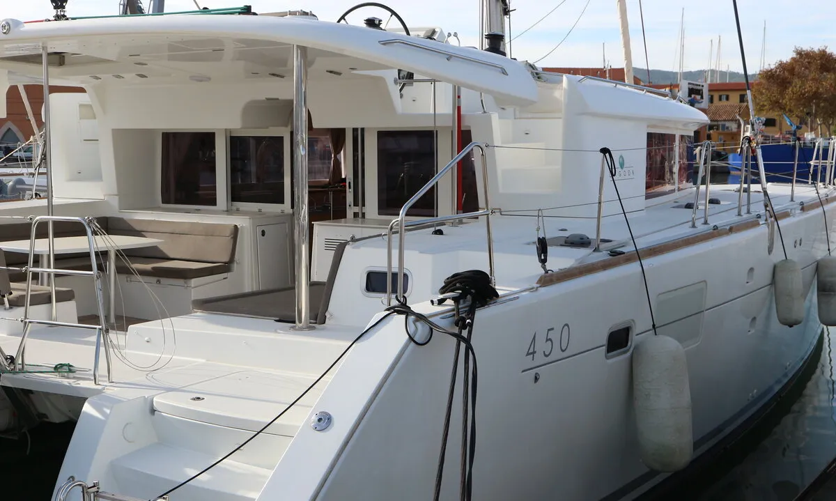 Exterior view of Philea, a Lagoon 450 catamaran at Palma de Mallorca, Spain