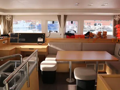 Salon of Philea, a Lagoon 450 catamaran at Palma de Mallorca, Spain