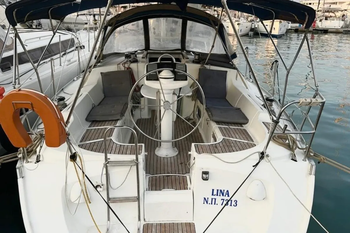 Cockpit of Lina, a Jeanneau Sun Odyssey 37 sailboat at Kontokali, Greece