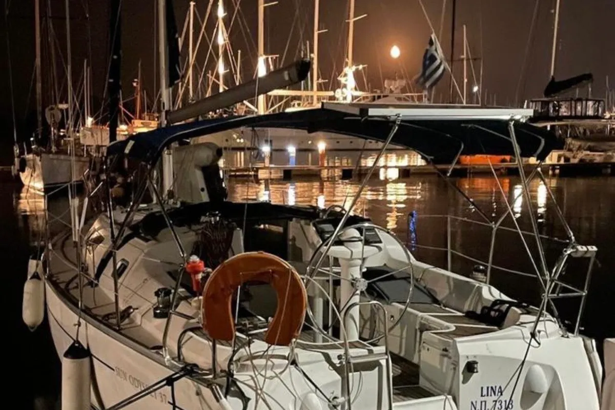 Exterior view of Lina, a Jeanneau Sun Odyssey 37 sailboat at Kontokali, Greece