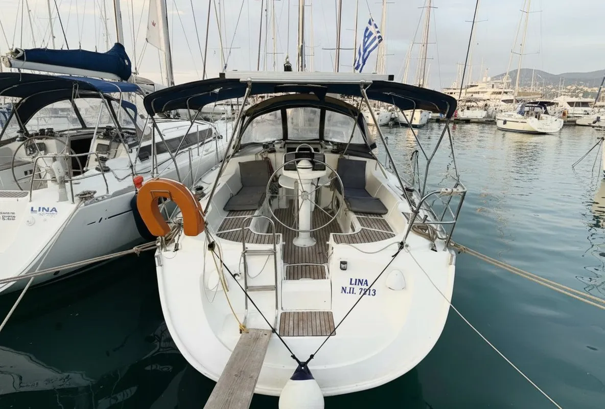Exterior view of Lina, a Jeanneau Sun Odyssey 37 sailboat at Kontokali, Greece