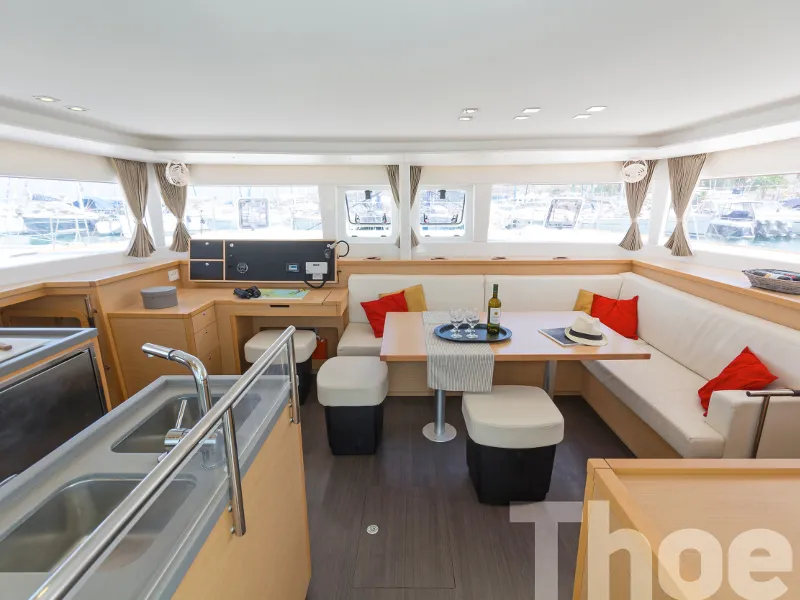Salon of Thoe, a Lagoon 450 Fly catamaran at Kos, Greece