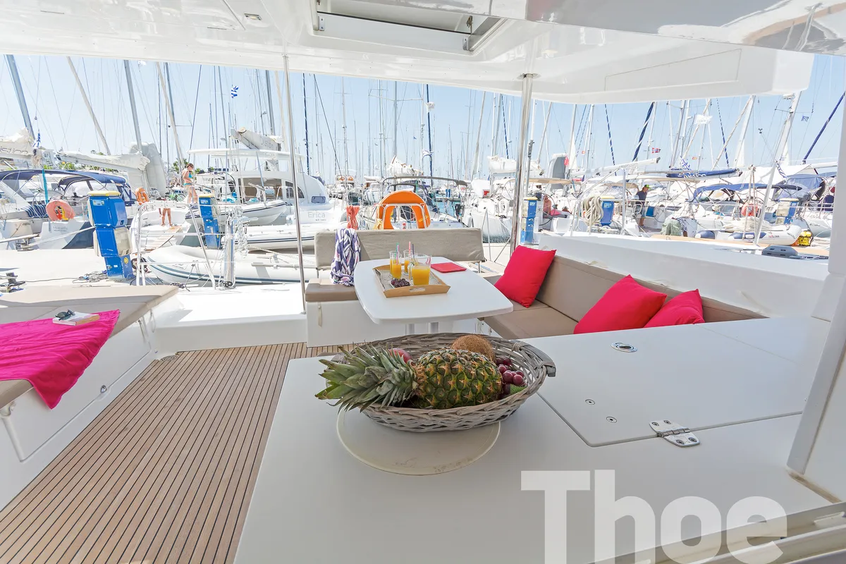 Deck of Thoe, a Lagoon 450 Fly catamaran at Kos, Greece