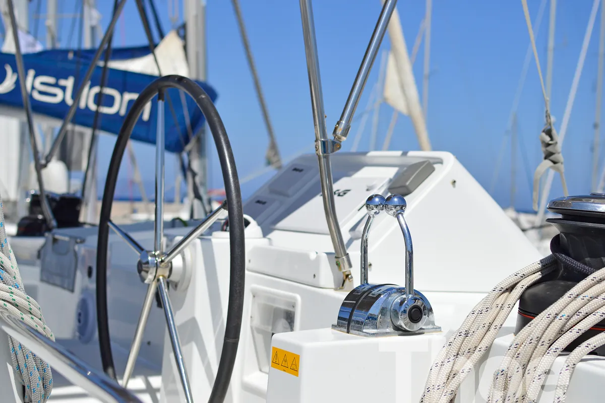 Cockpit of Thoe, a Lagoon 450 Fly catamaran at Kos, Greece