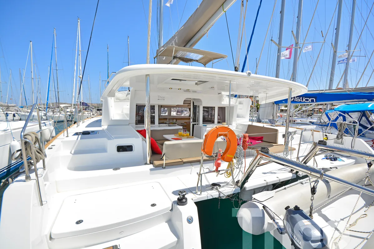 Exterior view of Thoe, a Lagoon 450 Fly catamaran at Kos, Greece