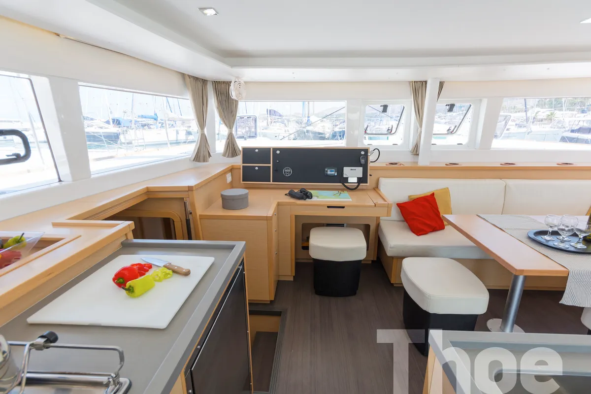 Salon of Thoe, a Lagoon 450 Fly catamaran at Kos, Greece