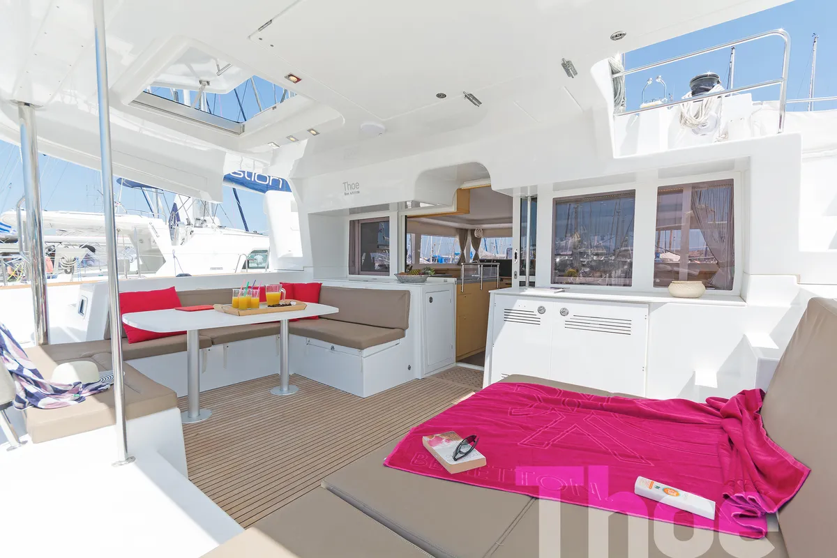 Deck of Thoe, a Lagoon 450 Fly catamaran at Kos, Greece