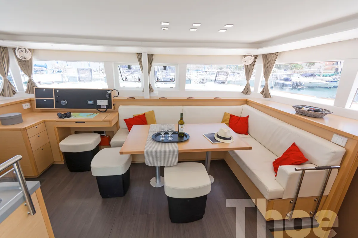 Salon of Thoe, a Lagoon 450 Fly catamaran at Kos, Greece