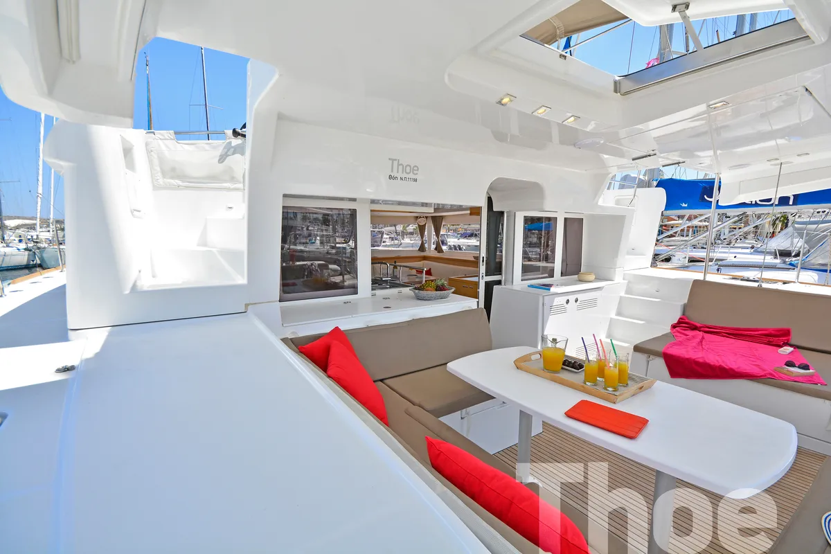 Salon of Thoe, a Lagoon 450 Fly catamaran at Kos, Greece
