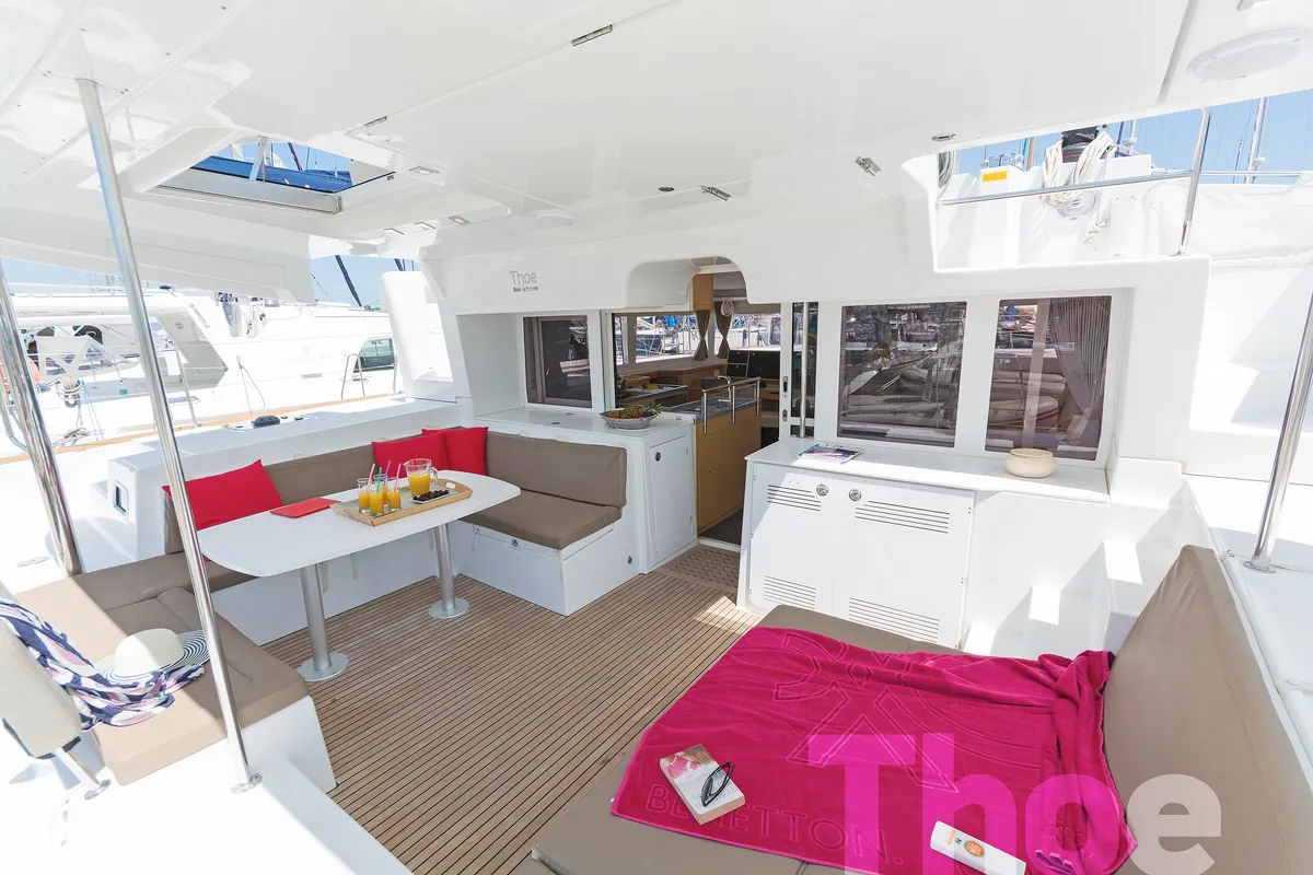 Deck of Thoe, a Lagoon 450 Fly catamaran at Kos, Greece