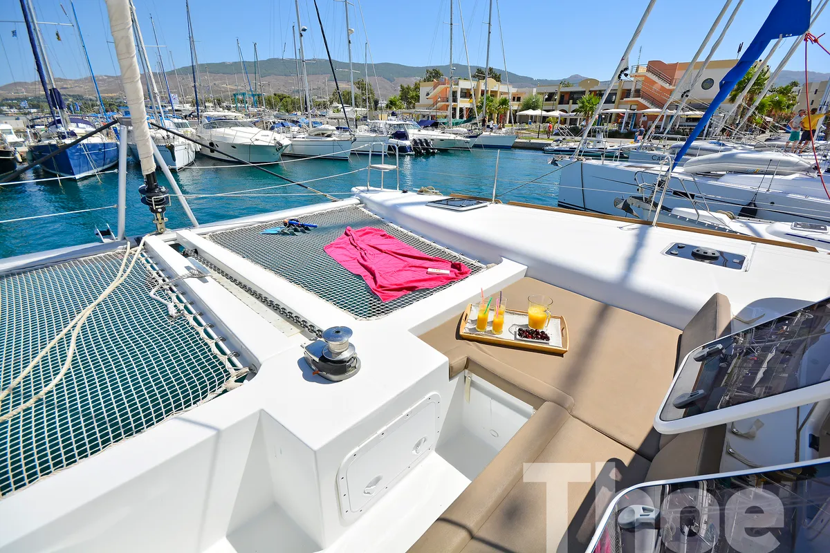 Deck of Thoe, a Lagoon 450 Fly catamaran at Kos, Greece
