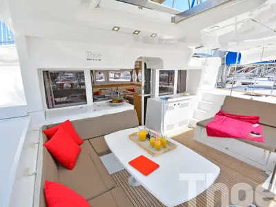 Deck of Thoe, a Lagoon 450 Fly catamaran at Kos, Greece