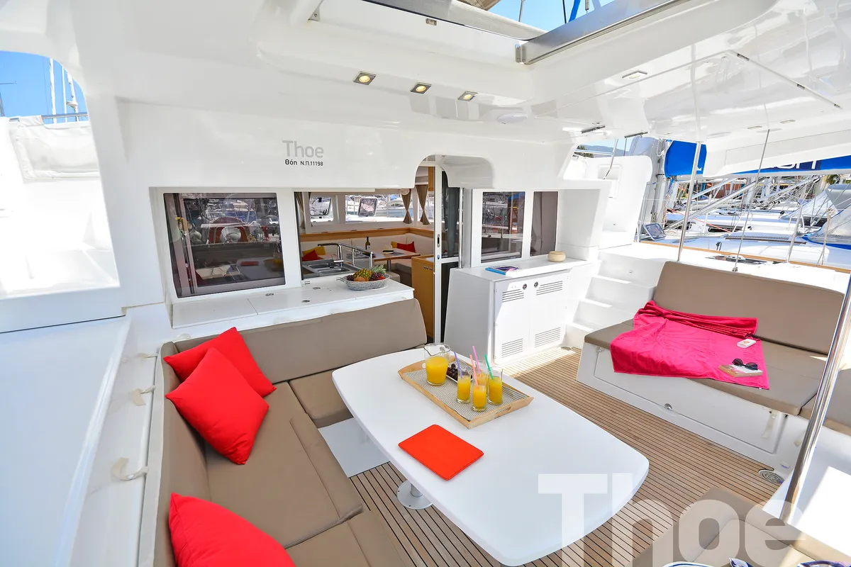 Deck of Thoe, a Lagoon 450 Fly catamaran at Kos, Greece
