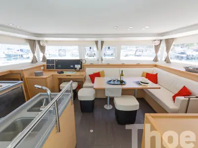 Salon of Thoe, a Lagoon 450 Fly catamaran at Kos, Greece