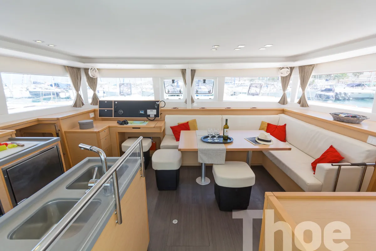 Salon of Thoe, a Lagoon 450 Fly catamaran at Kos, Greece
