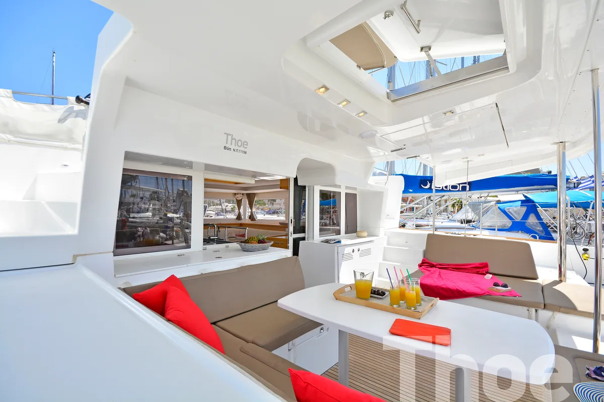 Deck of Thoe, a Lagoon 450 Fly catamaran at Kos, Greece