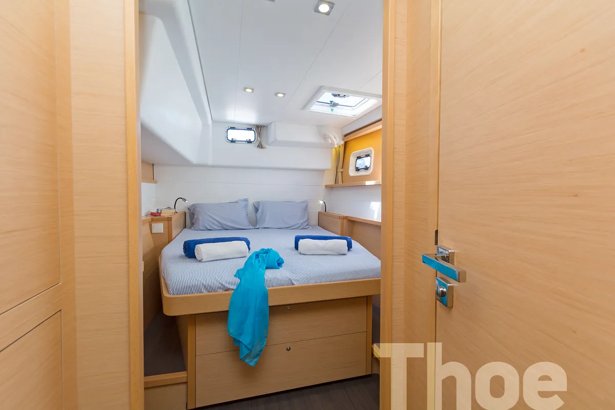 Cabin on Thoe, a Lagoon 450 Fly catamaran at Kos, Greece
