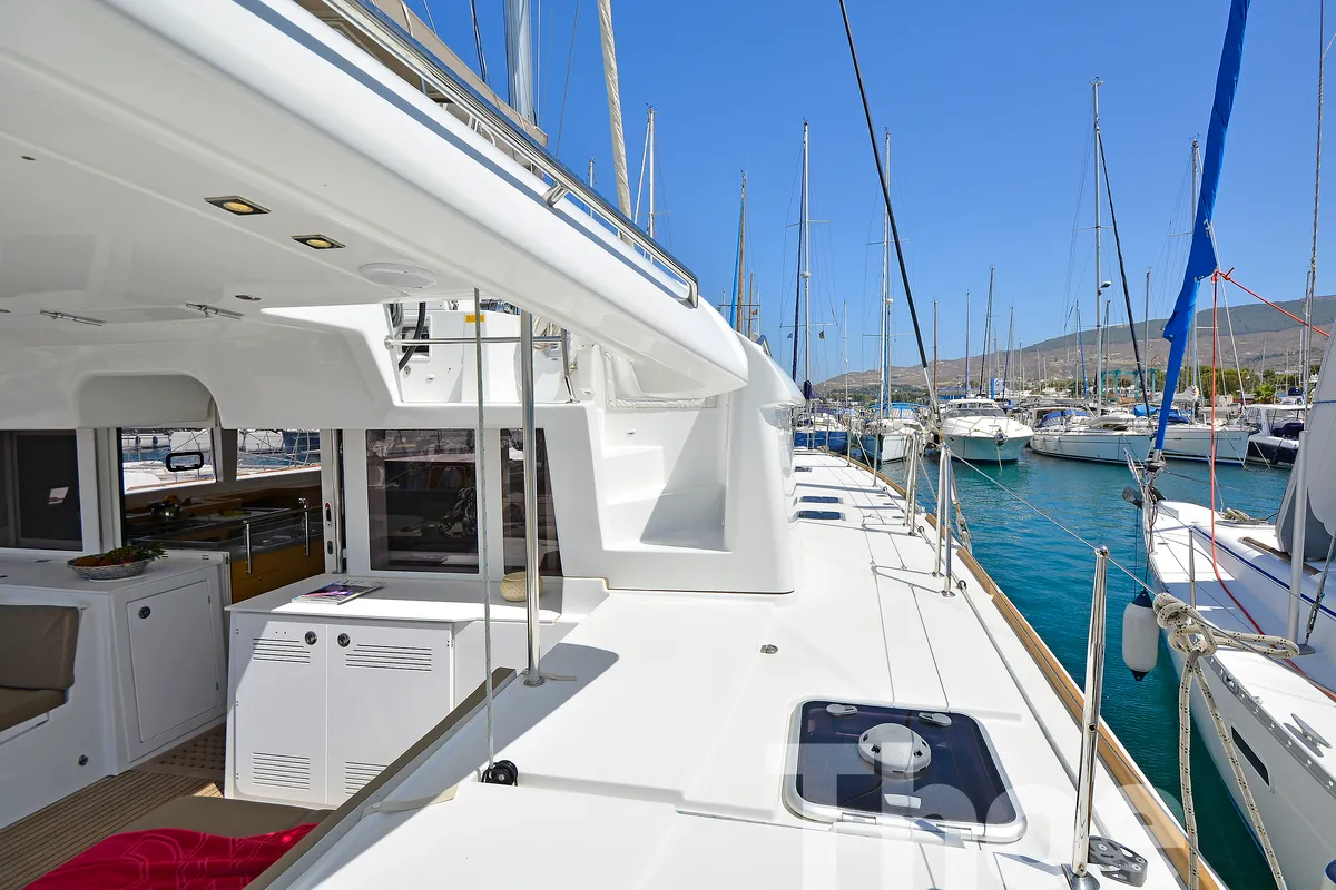 Deck of Thoe, a Lagoon 450 Fly catamaran at Kos, Greece