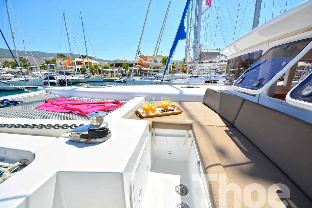 Deck of Thoe, a Lagoon 450 Fly catamaran at Kos, Greece