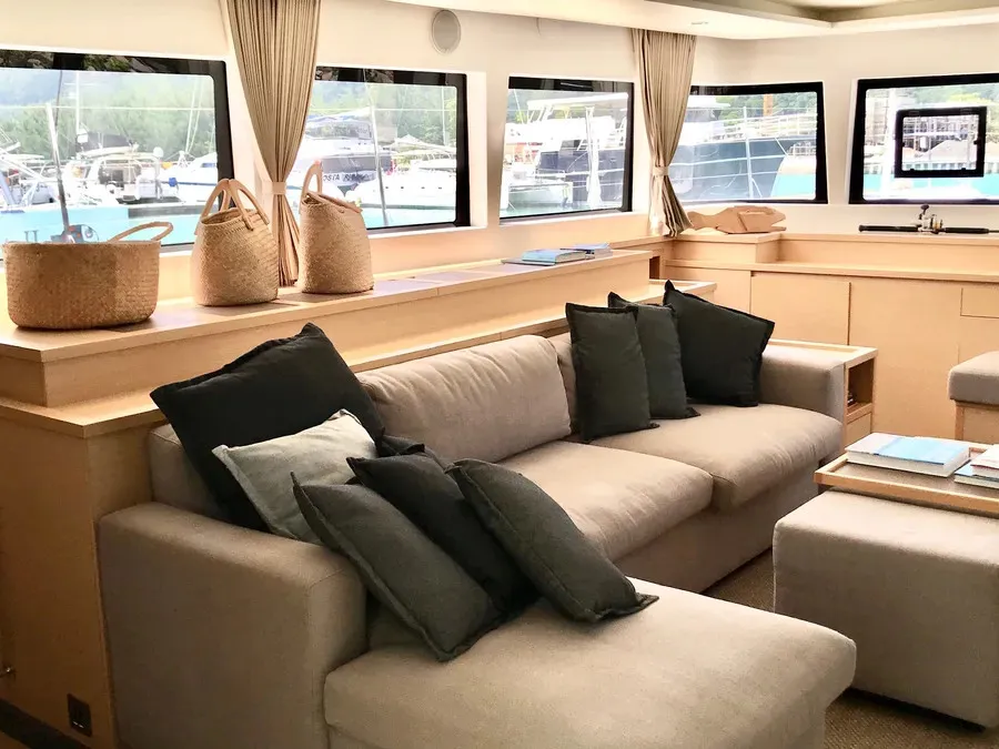 Salon of Reverie Infinie, a Lagoon 620 catamaran at Roche Caiman, Seychelles