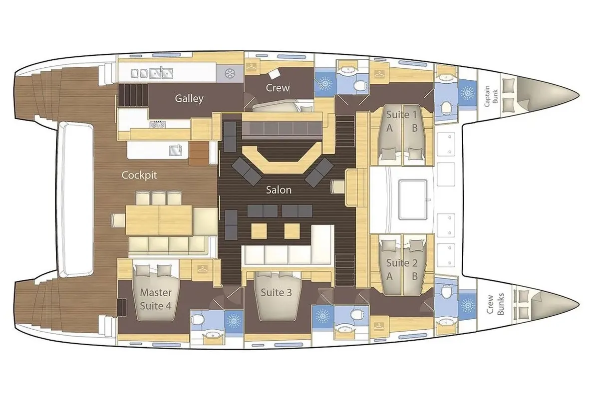 Floor plan of Reverie Infinie, a Lagoon 620 catamaran at Roche Caiman, Seychelles