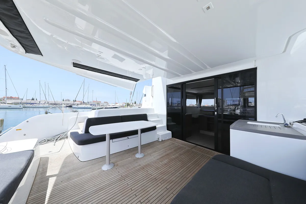Deck of HIGH LIFE, a Lagoon 50 catamaran at Sukošan, Croatia