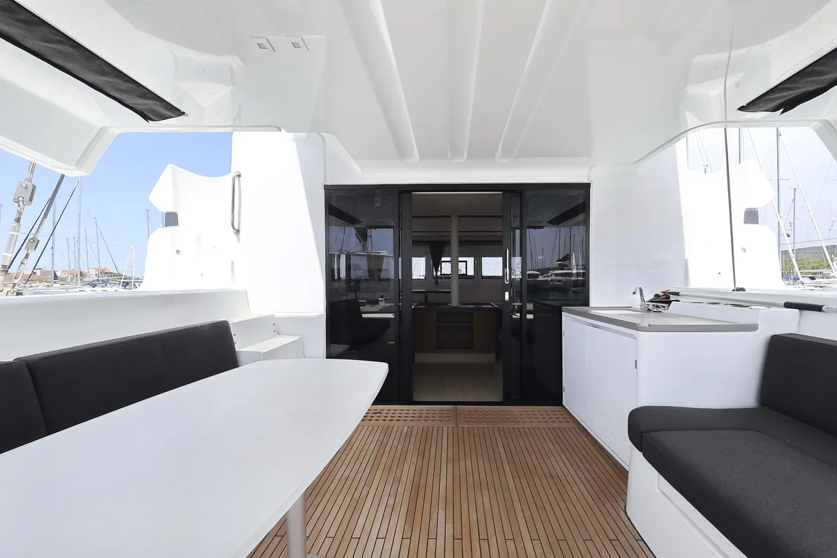 Deck of HIGH LIFE, a Lagoon 50 catamaran at Sukošan, Croatia