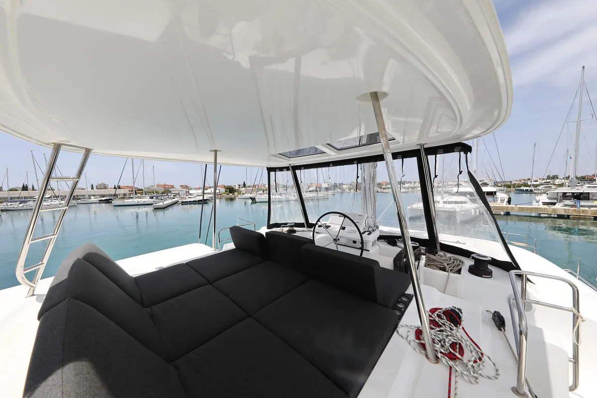 Cockpit of HIGH LIFE, a Lagoon 50 catamaran at Sukošan, Croatia