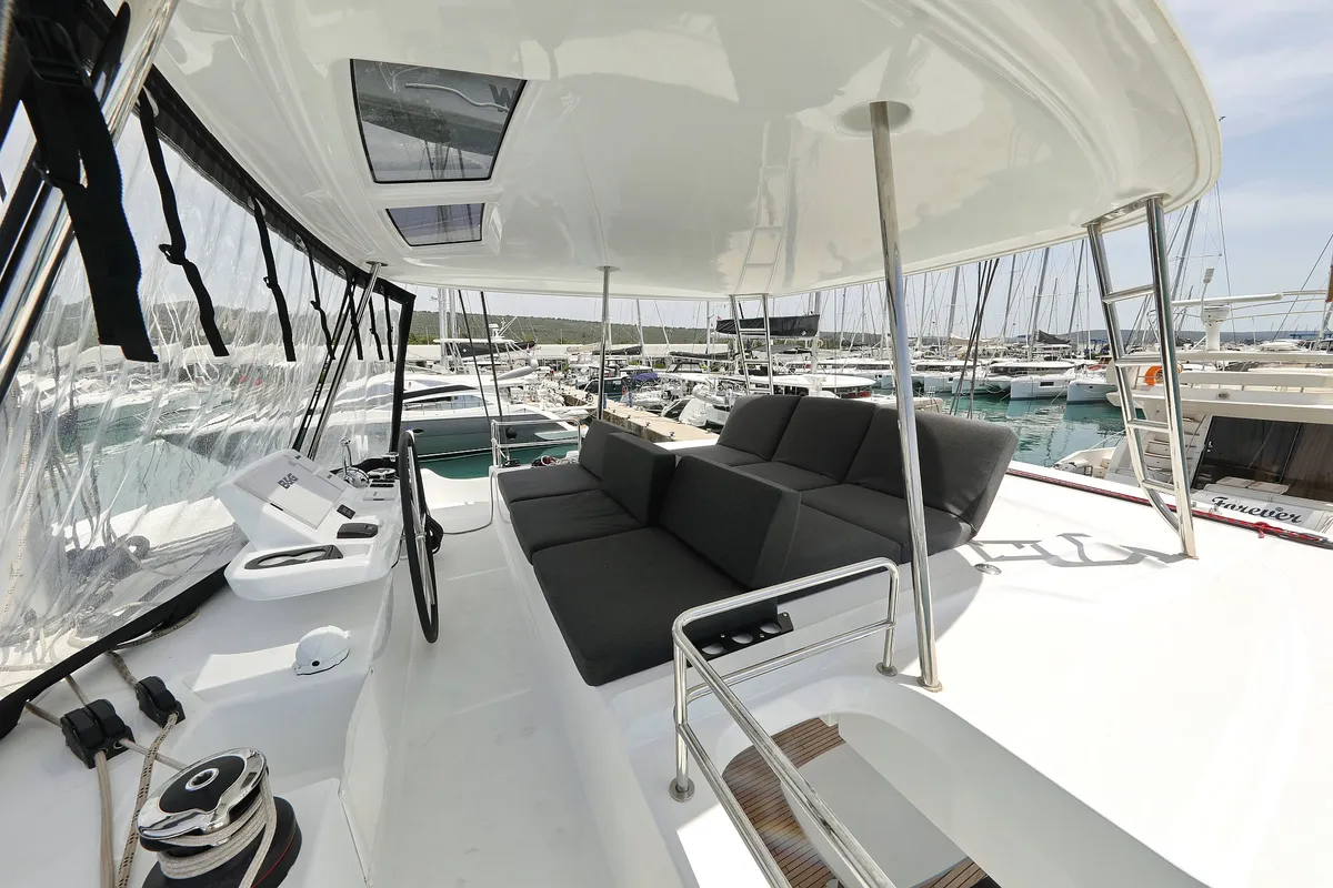 Cockpit of HIGH LIFE, a Lagoon 50 catamaran at Sukošan, Croatia