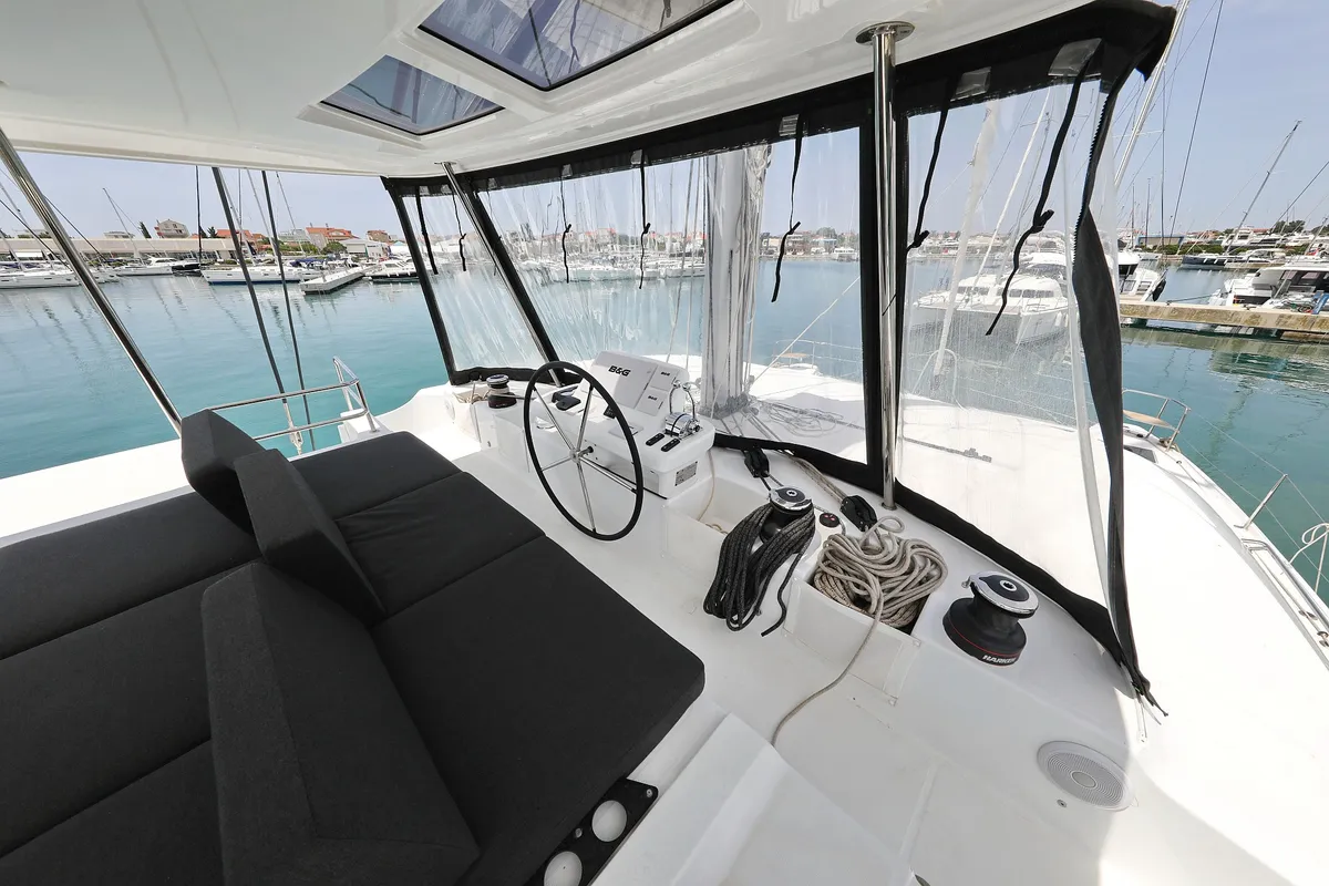 Cockpit of HIGH LIFE, a Lagoon 50 catamaran at Sukošan, Croatia
