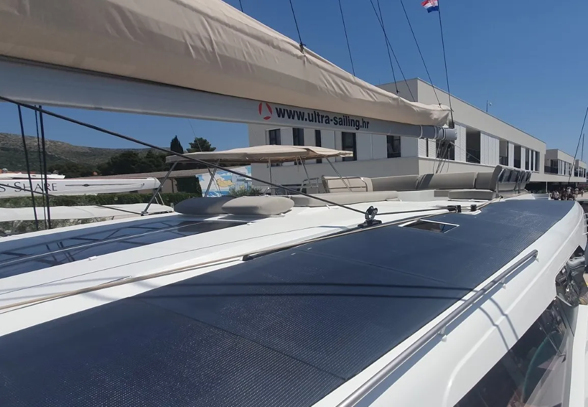 Deck of SUNRISE, a Fountaine Pajot Aura 51 catamaran at Seget Donji, Croatia
