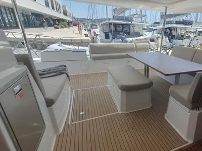 Deck of SUNRISE, a Fountaine Pajot Aura 51 catamaran at Seget Donji, Croatia