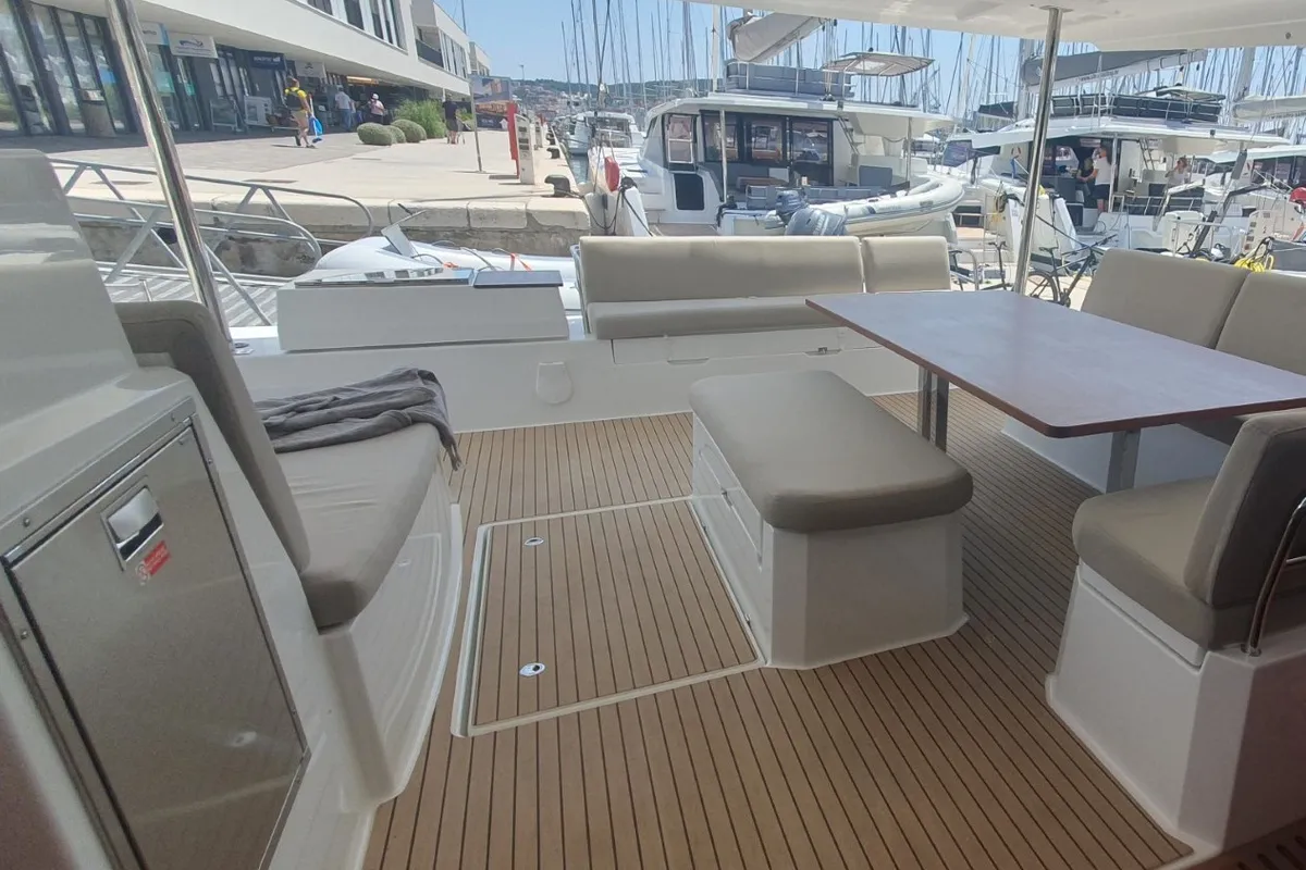 Deck of SUNRISE, a Fountaine Pajot Aura 51 catamaran at Seget Donji, Croatia