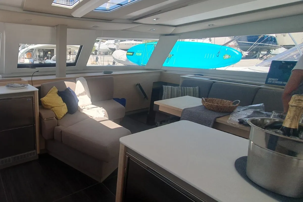 Salon of SUNRISE, a Fountaine Pajot Aura 51 catamaran at Seget Donji, Croatia