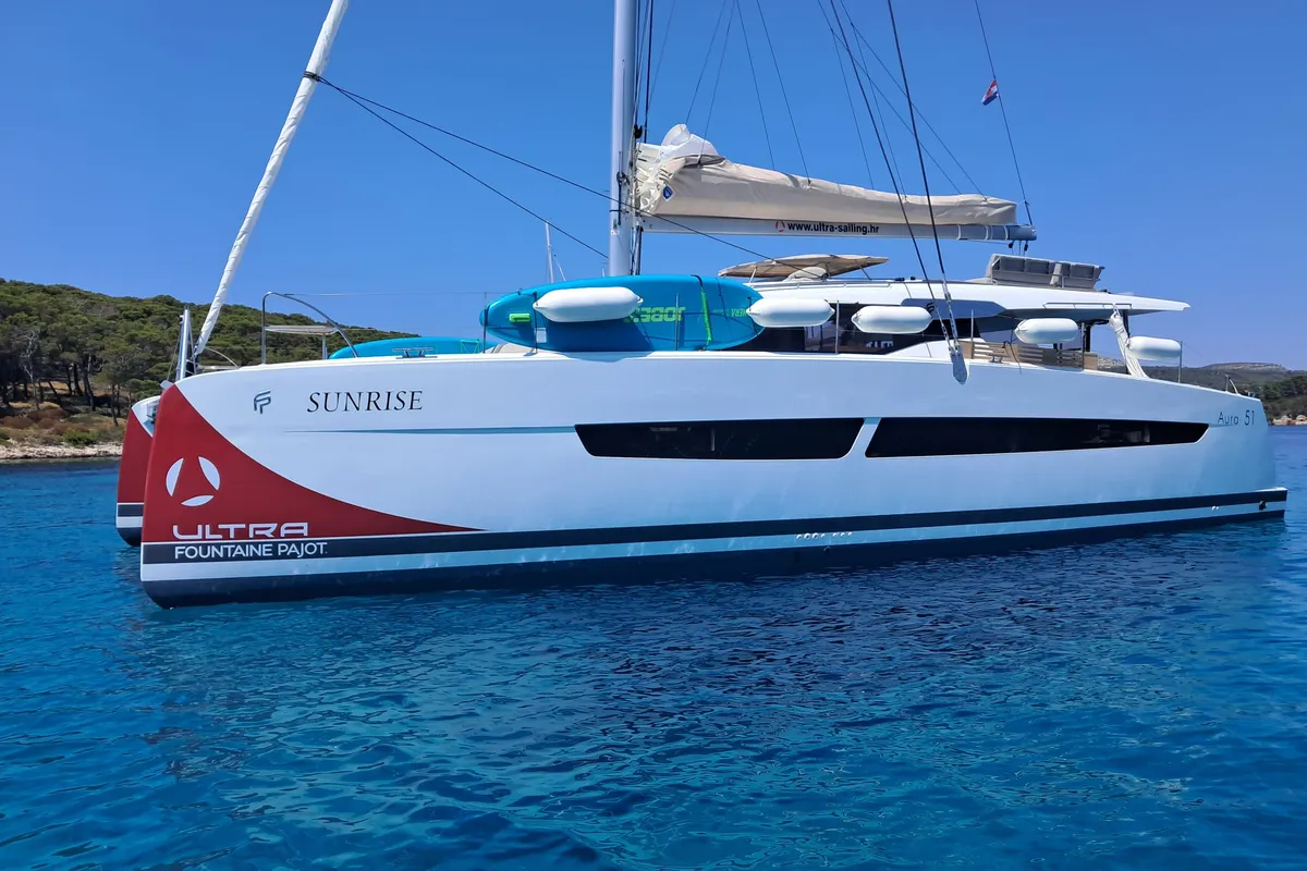 SUNRISE, a Fountaine Pajot Aura 51 catamaran at Seget Donji, Croatia