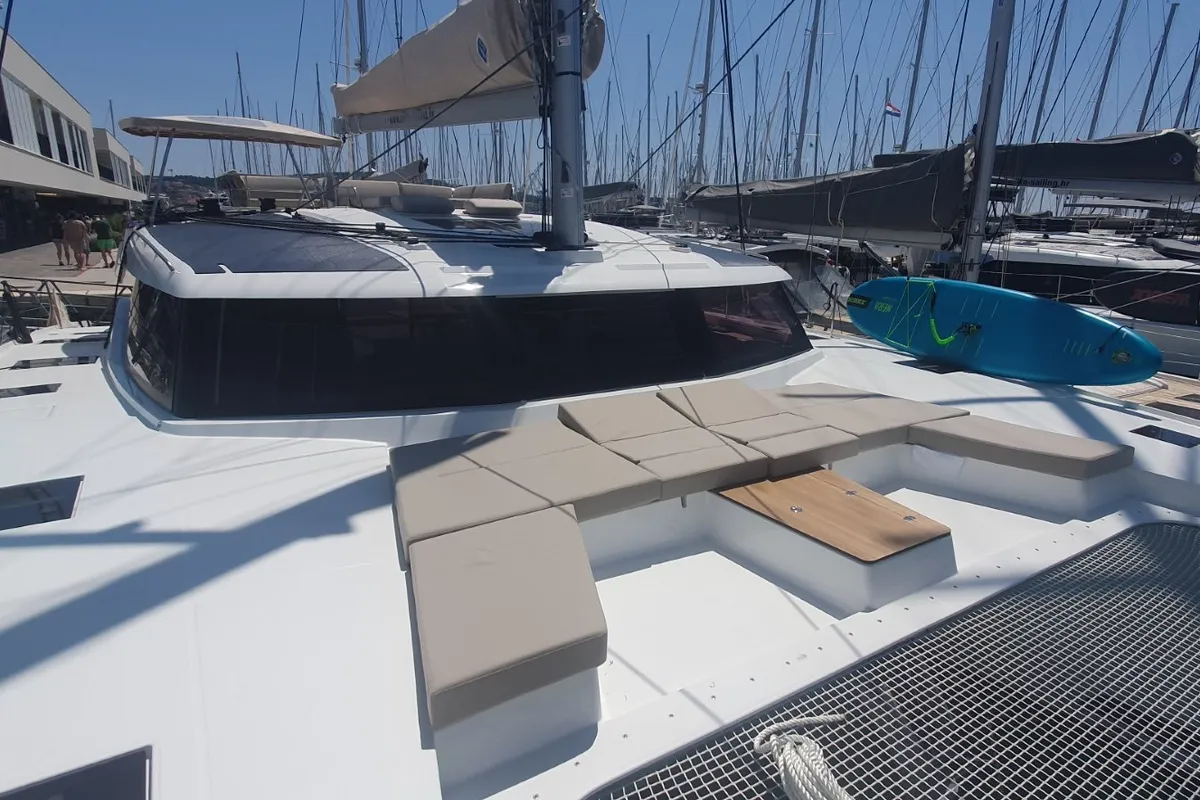 Deck of SUNRISE, a Fountaine Pajot Aura 51 catamaran at Seget Donji, Croatia