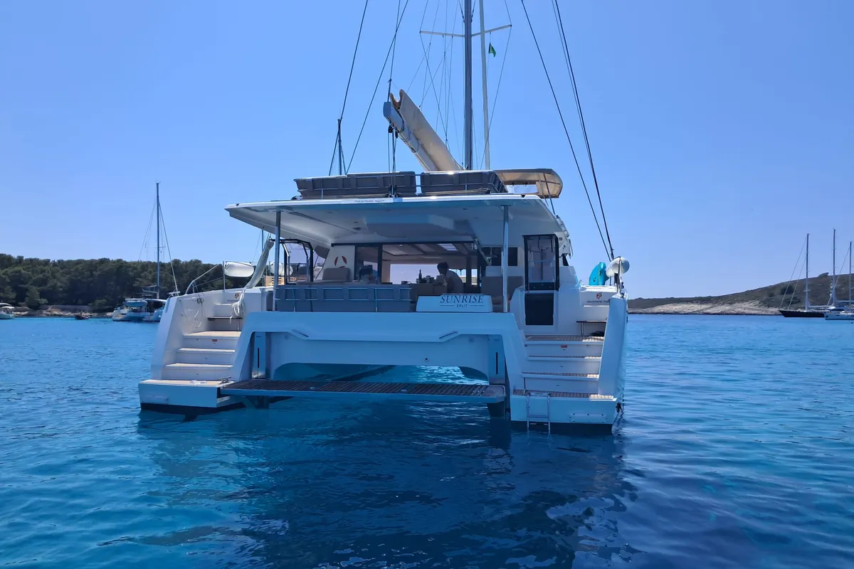Exterior view of SUNRISE, a Fountaine Pajot Aura 51 catamaran at Seget Donji, Croatia