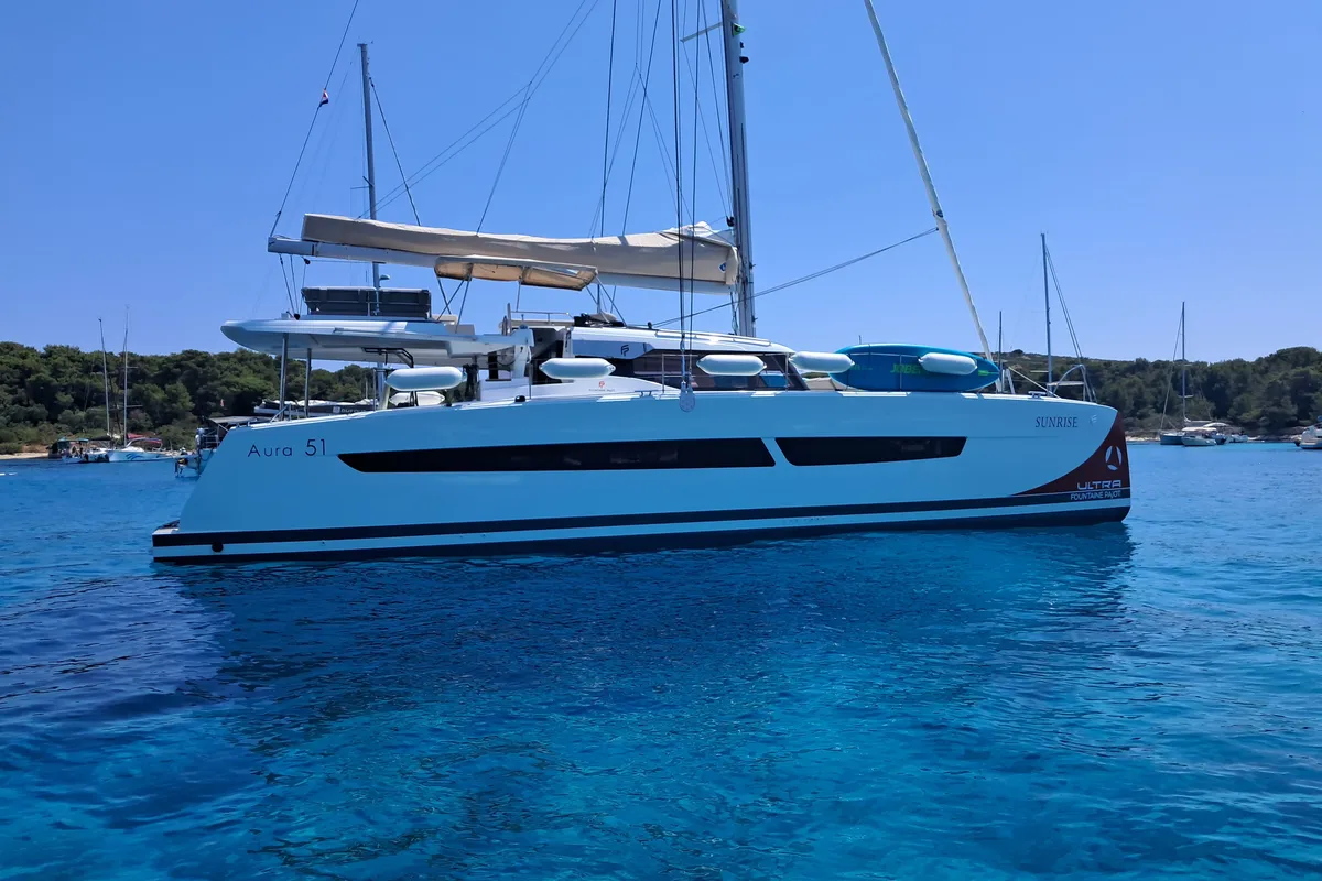 Exterior view of SUNRISE, a Fountaine Pajot Aura 51 catamaran at Seget Donji, Croatia