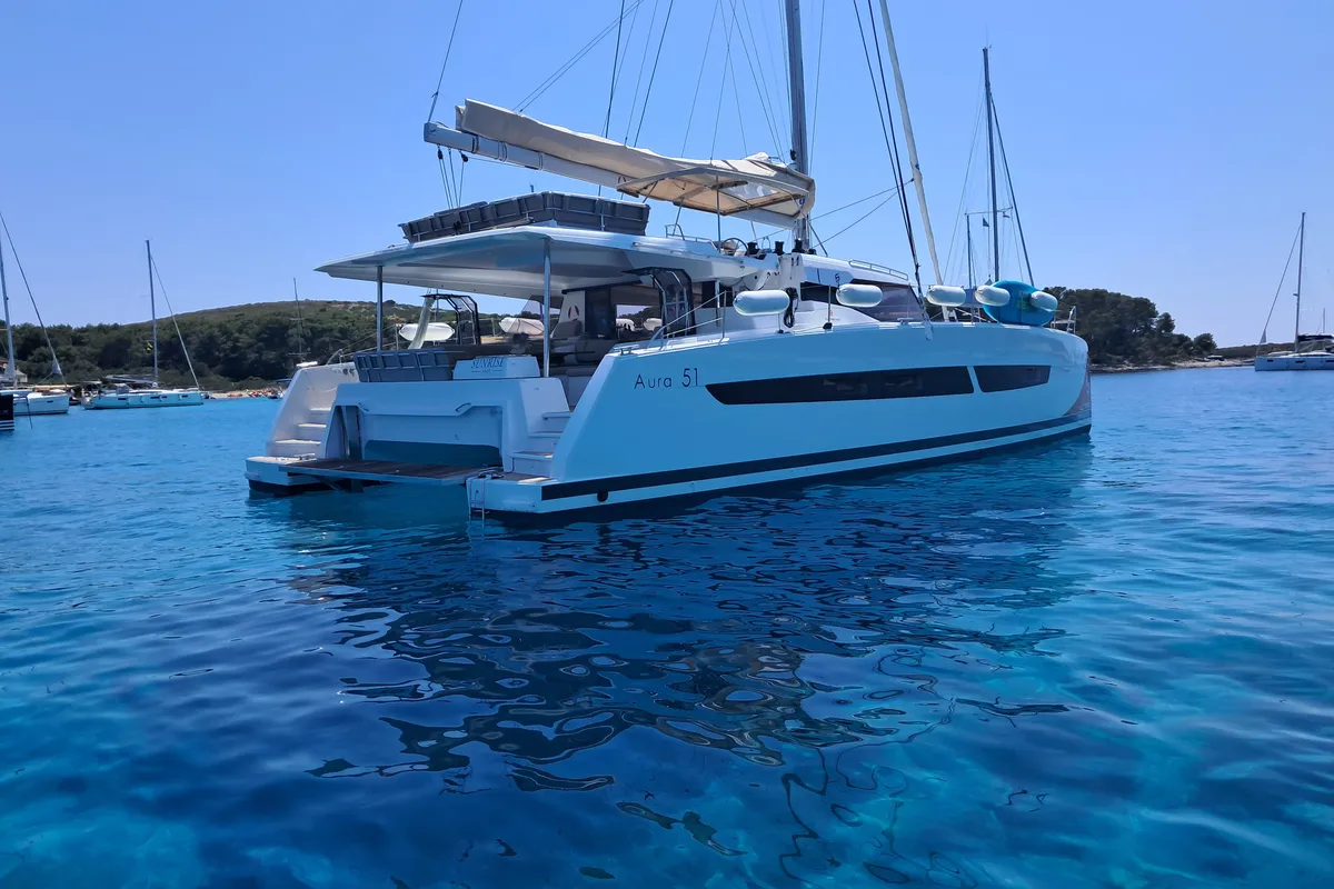 Exterior view of SUNRISE, a Fountaine Pajot Aura 51 catamaran at Seget Donji, Croatia