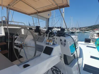 Cockpit of SUNRISE, a Fountaine Pajot Aura 51 catamaran at Seget Donji, Croatia
