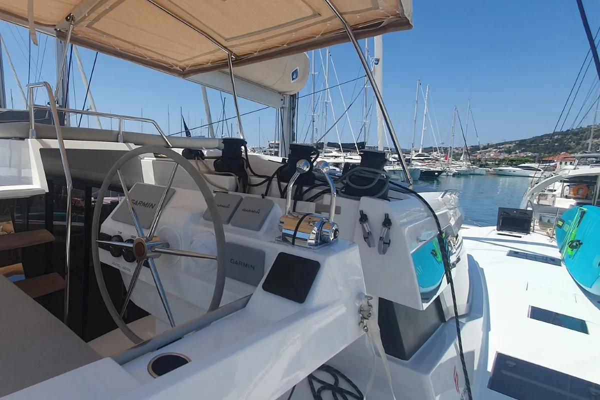 Cockpit of SUNRISE, a Fountaine Pajot Aura 51 catamaran at Seget Donji, Croatia