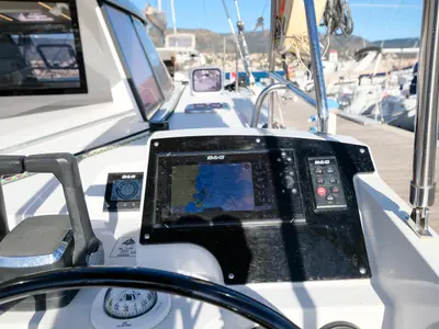Cockpit of Grelots, a Nautitech 40 Open catamaran at Hyères, France