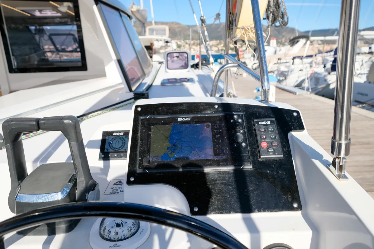 Cockpit of Grelots, a Nautitech 40 Open catamaran at Hyères, France