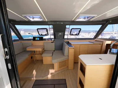 Salon of Grelots, a Nautitech 40 Open catamaran at Hyères, France