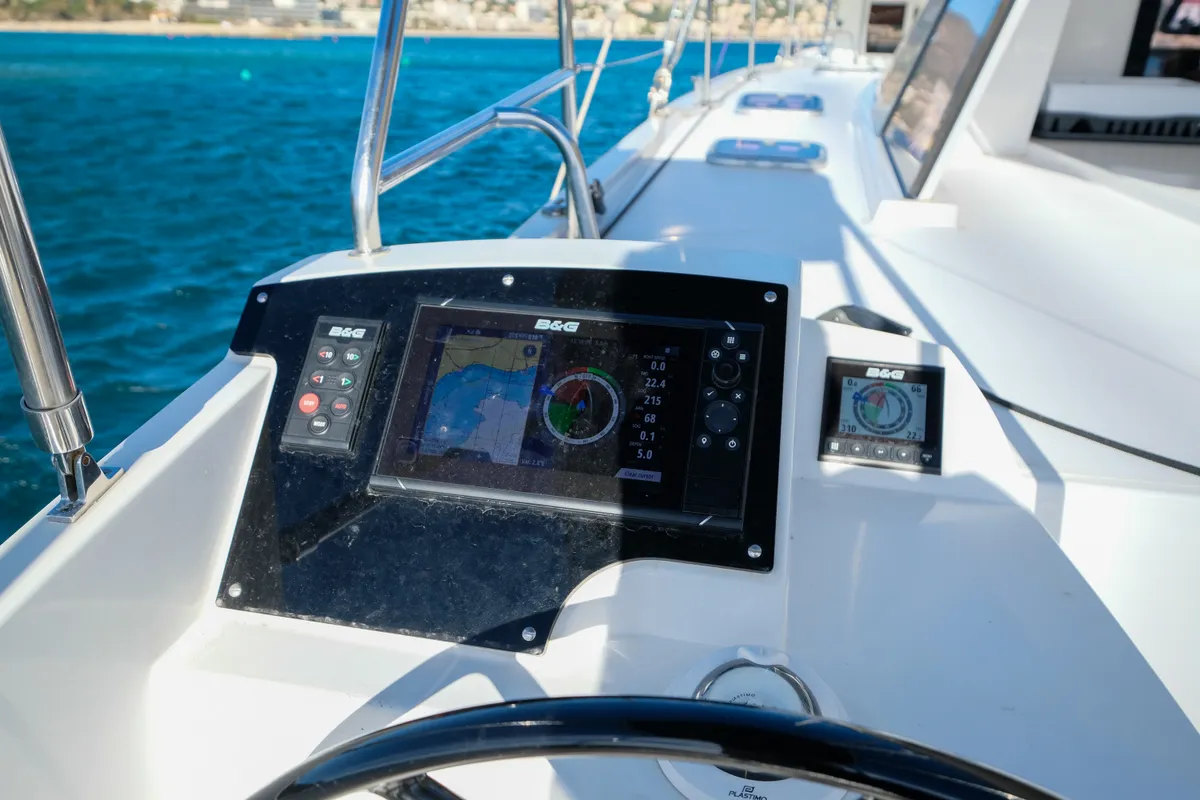 Cockpit of Grelots, a Nautitech 40 Open catamaran at Hyères, France