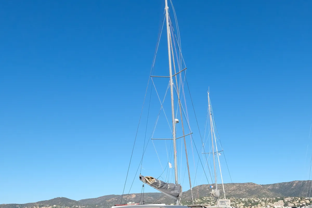 Exterior view of Grelots, a Nautitech 40 Open catamaran at Hyères, France
