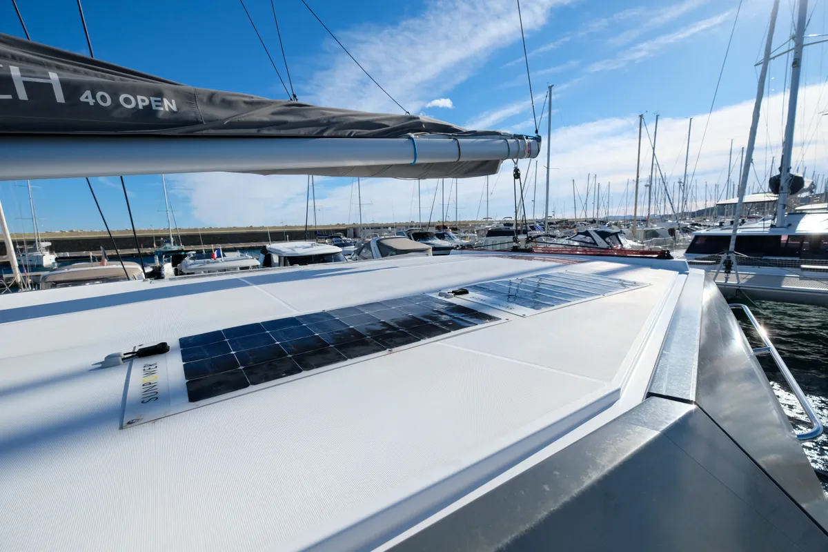 Deck of Grelots, a Nautitech 40 Open catamaran at Hyères, France