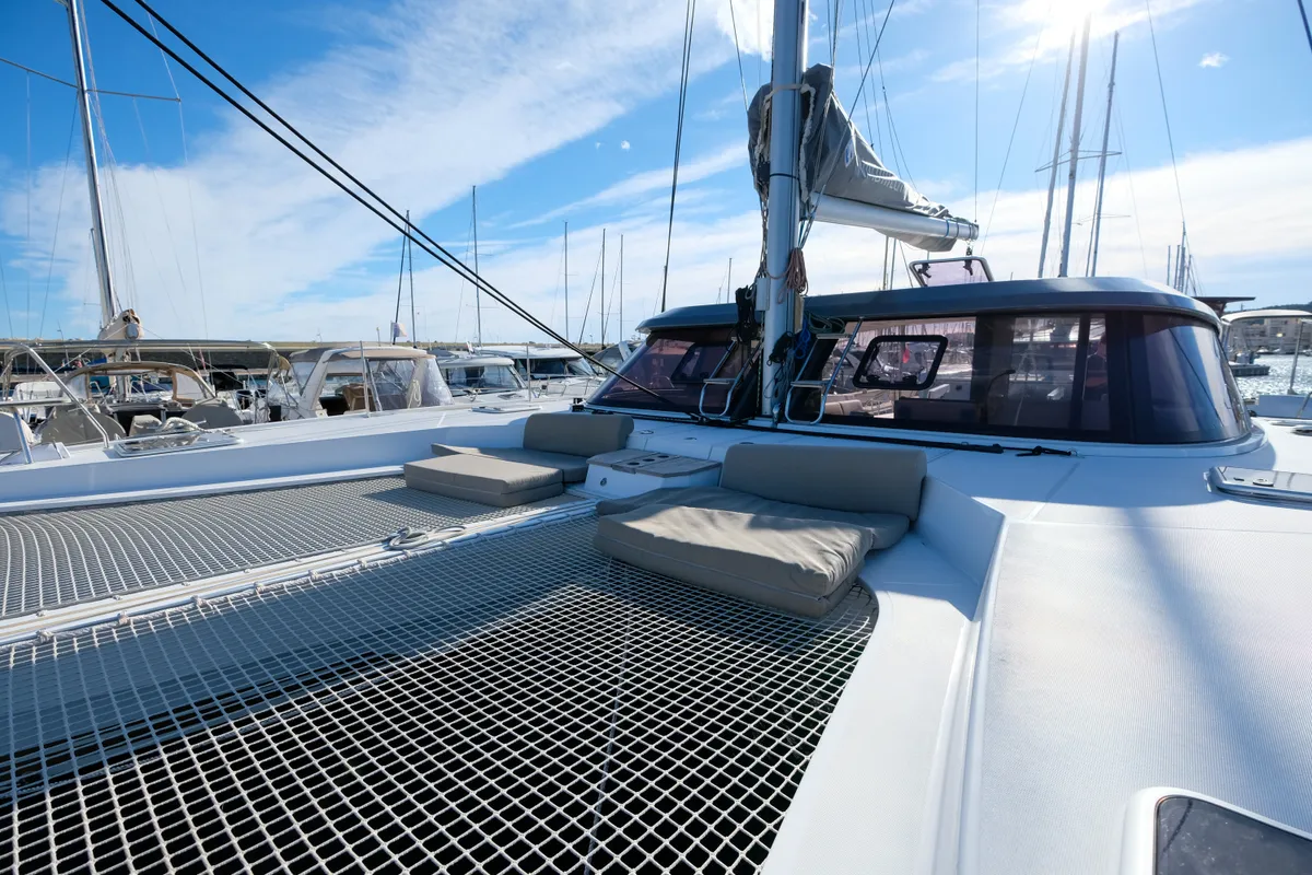 Deck of Grelots, a Nautitech 40 Open catamaran at Hyères, France