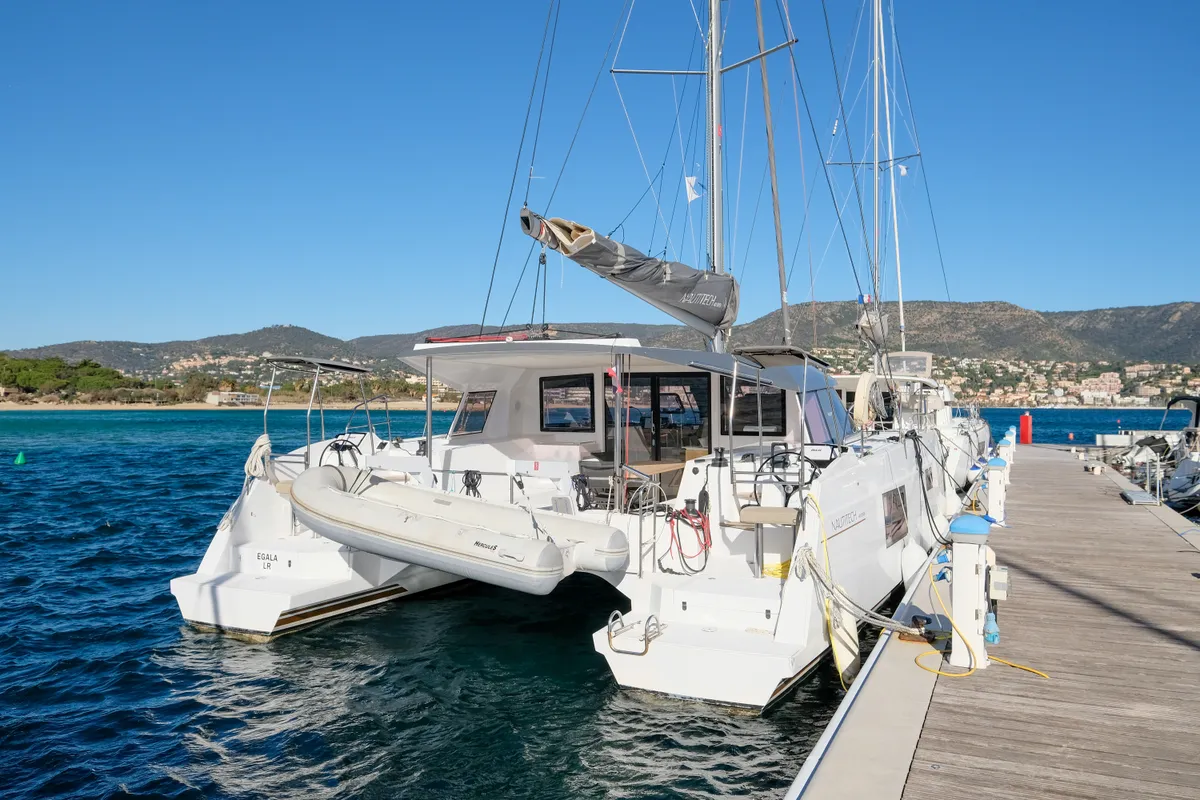Exterior view of Grelots, a Nautitech 40 Open catamaran at Hyères, France